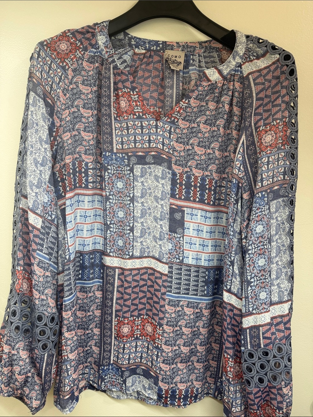 Como Vintage Navy and Rust Patchwork Peasant Blouse